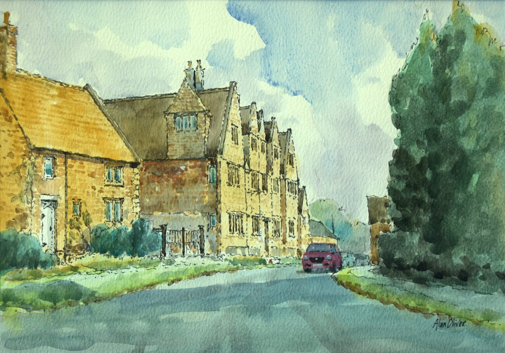 Pen and wash 10 x 14 inch watercolour of the Manor House in Preston, Rutland, by Alan Oliver, depicting an ironstone cottage on the left, with the Manor House in the centre of the painting, with dark evergreen trees on the right. 