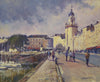 Oil painting with figures, sunlit buildings with tower on right, framed in modern green/grey frame with light slip