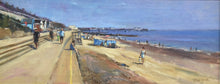 Load image into Gallery viewer, Letterbox-shaped oil painting with figures walking along Southwold&#39;s promenade, with sunlit beach on the right and a blue sea and sky.
