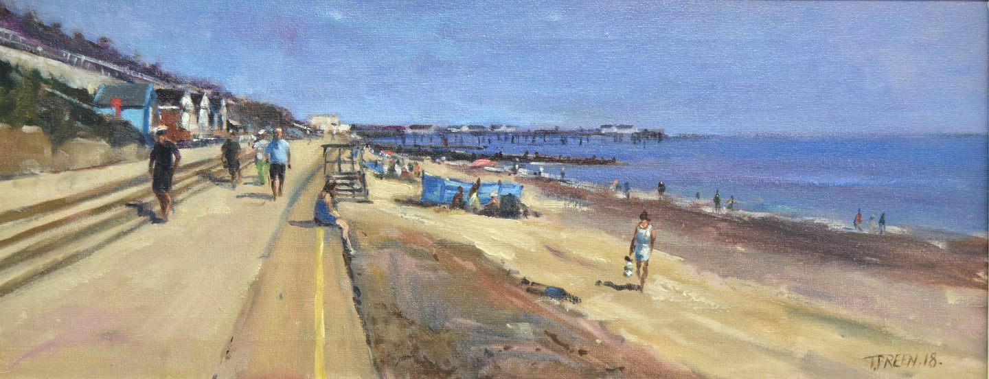 Letterbox-shaped oil painting with figures walking along Southwold's promenade, with sunlit beach on the right and a blue sea and sky.