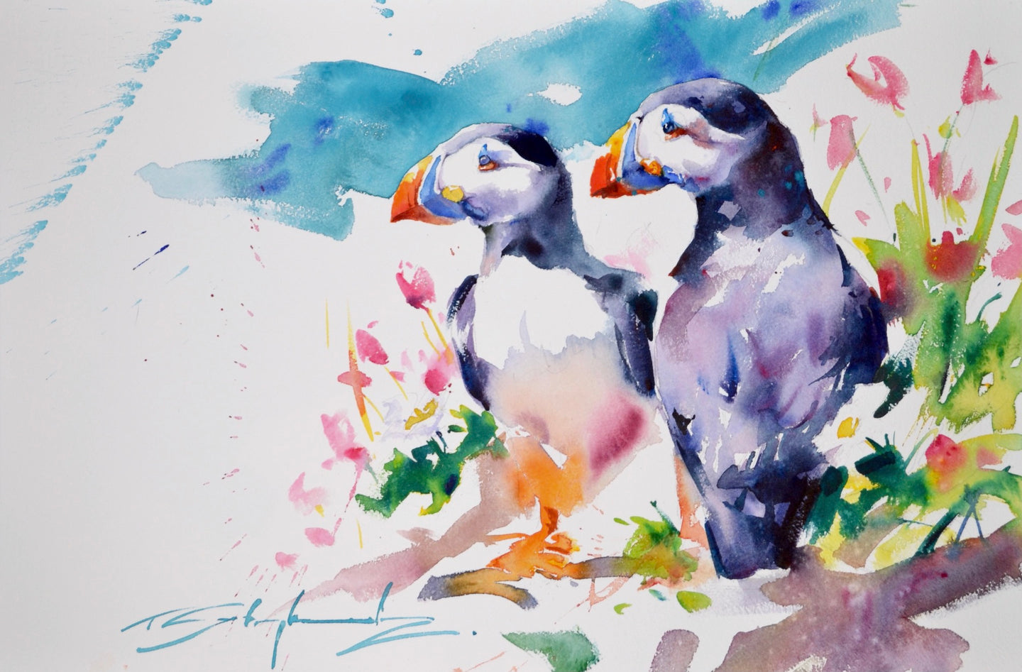 Close-up watercolour painting of a pair of Puffins standing in grass with wildflowers, by Tom Shepherd, unframed size 14 x 21 21.5