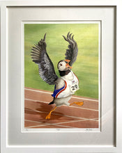 Load image into Gallery viewer, Athletic Puffin in fresh white frame and glass with white mount
