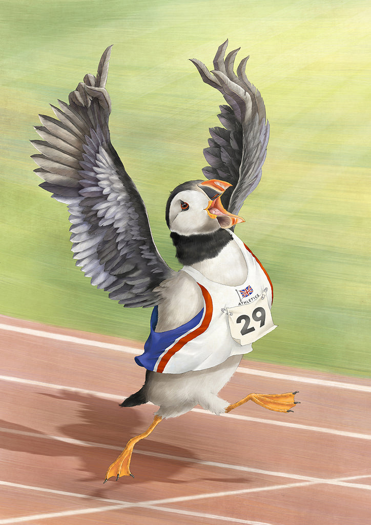 A digital painting of a Puffin dressed as a UK athlete crossing the finish line holding its wings aloft in exultation.
