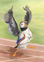 Load image into Gallery viewer, A digital painting of a Puffin dressed as a UK athlete crossing the finish line holding its wings aloft in exultation.
