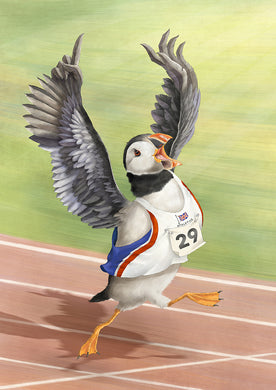 A digital painting of a Puffin dressed as a UK athlete crossing the finish line holding its wings aloft in exultation.