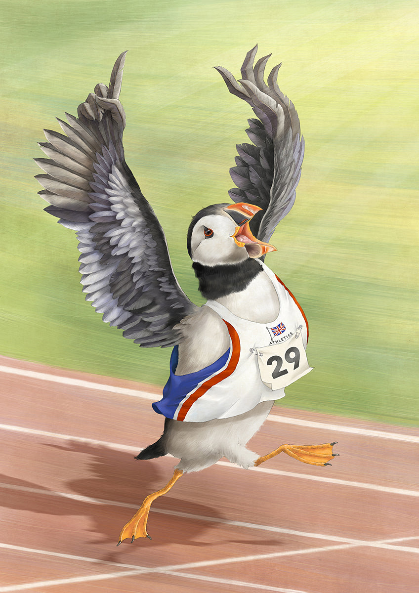 A digital painting of a Puffin dressed as a UK athlete crossing the finish line holding its wings aloft in exultation.