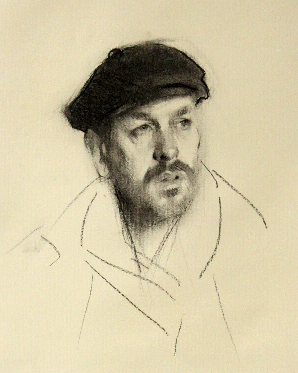 Charcoal painting by Alex Tzavaras framed under glass