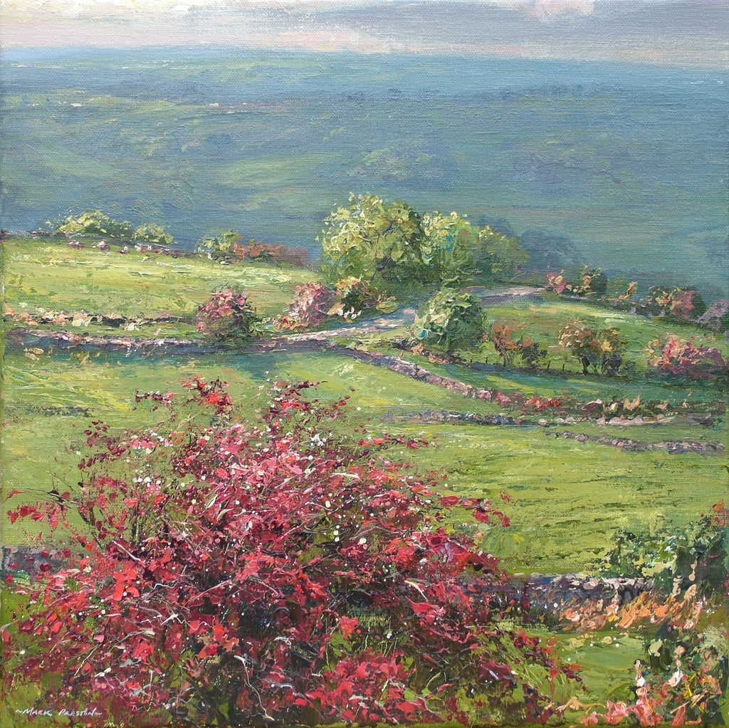 Acrylic painting of red hawthorn and sunlit green trees, overlooking valley in the distance, by Mark Preston