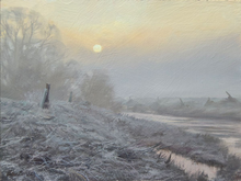 Load image into Gallery viewer, 6 x 8 inch oil painting by of a sharp frost by the River Welland at Duddington, with a watery sun burning through the fog
