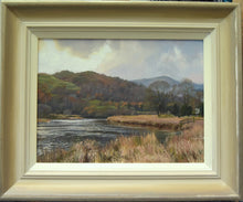 Load image into Gallery viewer, Oil of the River Brathay in the Lakes in Winter in its pale, gradated frame with silver/gold outer edge
