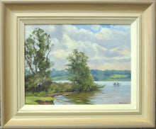 Load image into Gallery viewer, A 9 x 12 inch oil painting of a sunny day on the Barnsdale shore of Rutland Water, with some trees in the middle distance, and Hambleton shoreline in the distance, with a boat with two fishermen passing on the right, showing the gradated warm grey, beige and cream frame.
