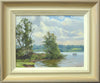 A 9 x 12 inch oil painting of a sunny day on the Barnsdale shore of Rutland Water, with some trees in the middle distance, and Hambleton shoreline in the distance, with a boat with two fishermen passing on the right, showing the gradated warm grey, beige and cream frame.