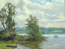 Load image into Gallery viewer, A 9 x 12 inch oil painting of a sunny day on the Barnsdale shore of Rutland Water, with some trees in the middle distance, and Hambleton shoreline in the distance, with a boat with two fishermen passing on the right.
