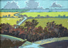 Gouache painting of the road from Seaton down and up to Glaston in the distance, with yellow and blue fields 
