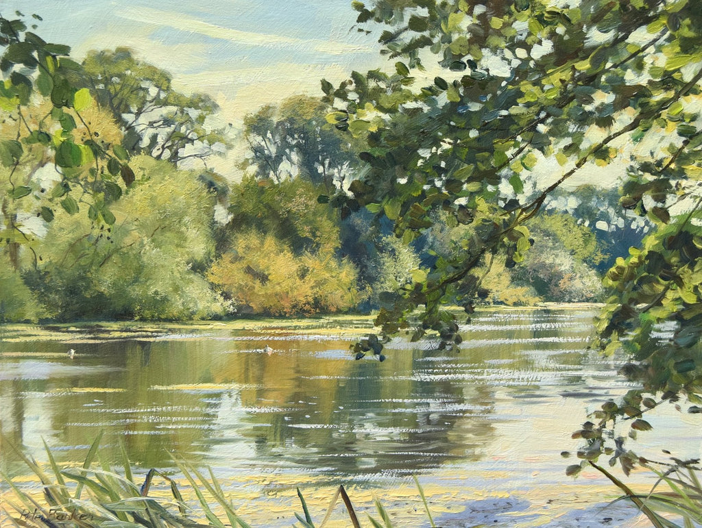 A 9 x 12 inch oil painting of Coombe Abbey Lake near Coventry, with early Autumn colours, reflections in the still waters of lake, some ducks dabbling