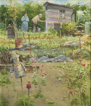 Load image into Gallery viewer, oil painting of allotment with a shed being painted by an elderly couple at top of picture, with lots of allotment detritus 
