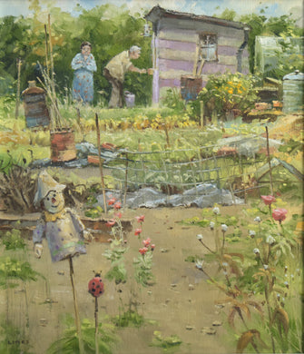 oil painting of allotment with a shed being painted by an elderly couple at top of picture, with lots of allotment detritus 