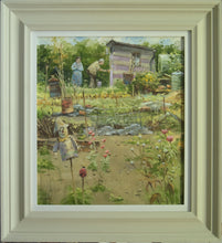 Load image into Gallery viewer, Allotment painting in its stone-coloured frame with white inner slip 
