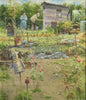 oil painting of allotment with a shed being painted by an elderly couple at top of picture, with lots of allotment detritus 