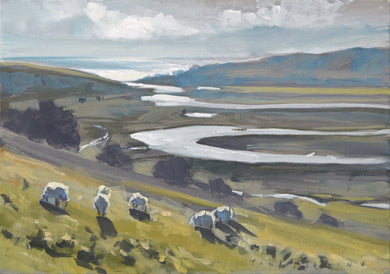 Oil painting by Tony Parsons of South Downs sheep at Cuckmere Haven, with winding river out to the sea in the distance.