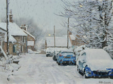Load image into Gallery viewer, Painted during heavy snowfall, street lights appearing bright in the evening, cars on right, cottages on left and distance

