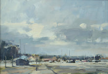 Load image into Gallery viewer, Impressionistic oil painting muted grey tones, 2/3 of picture sky, lively brushstrokes, larger boat and trees left foreground

