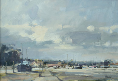 Impressionistic oil painting muted grey tones, 2/3 of picture sky, lively brushstrokes, larger boat and trees left foreground