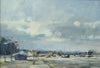 Impressionistic oil painting muted grey tones, 2/3 of picture sky, lively brushstrokes, larger boat and trees left foreground