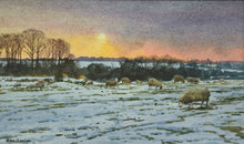 Load image into Gallery viewer, Small watercolour of sheep in a snowy meadow at sunset
