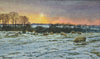 Small watercolour of sheep in a snowy meadow at sunset