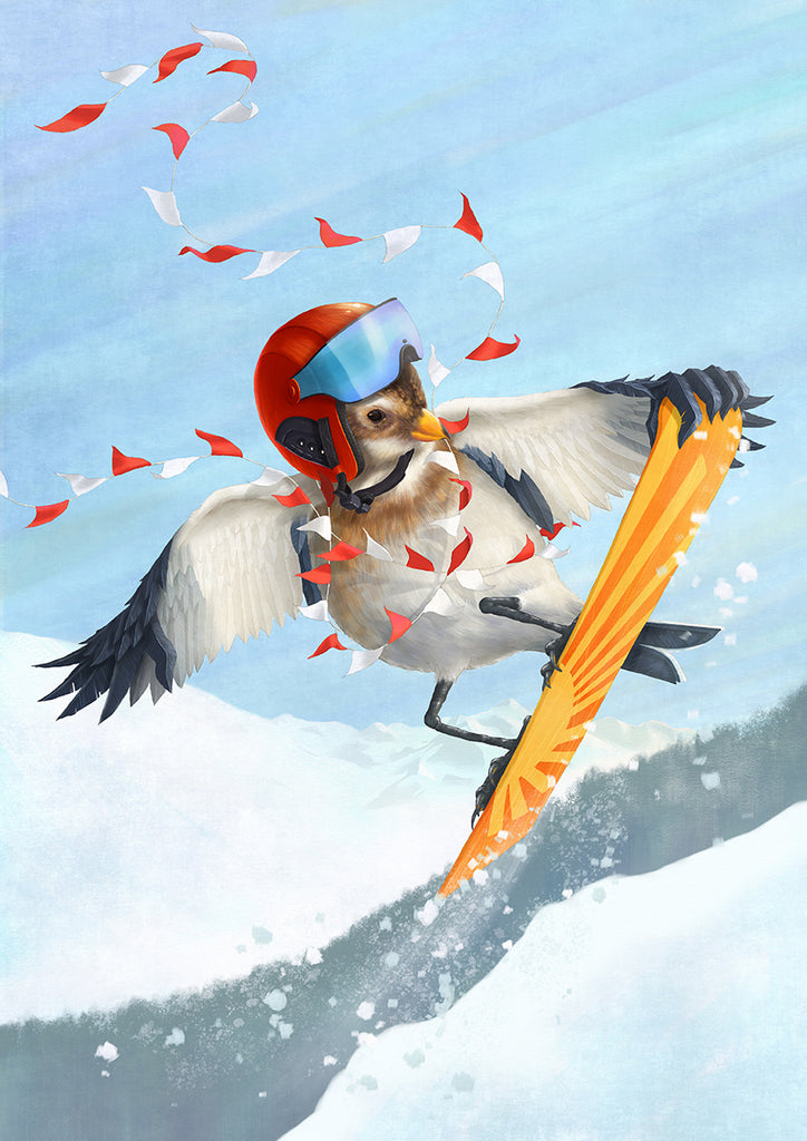 A digital painting of a Snow Bunting with bunting wrapped around it and flying in the air, on a snowboard in the snow, wearing a red crash helmet.