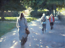 Load image into Gallery viewer, 9 x 12 inch acrylic painting by Carl Knibb, with figures walking in a park, dappled sunlight throwing spots of sunlight on the path, as the title suggests, with edges of the figures lit-up.

