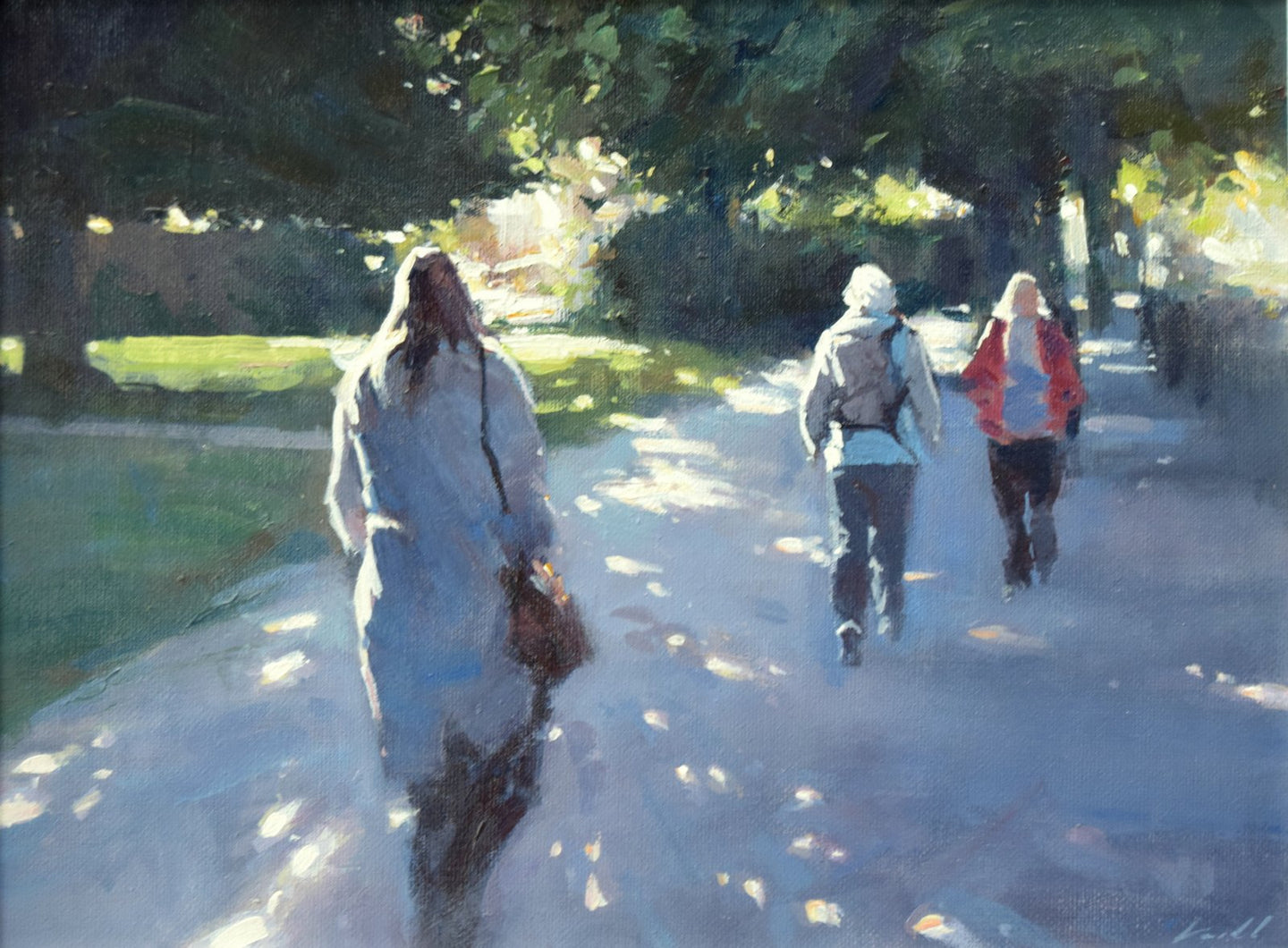 9 x 12 inch acrylic painting by Carl Knibb, with figures walking in a park, dappled sunlight throwing spots of sunlight on the path, as the title suggests, with edges of the figures lit-up.