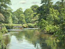Load image into Gallery viewer, A 9 x 12 inch oil painting of the River Derwent at Ilam Park, with lots of trees in full Spring green leaf, trees in the right foreground and lots of reflections in the clear water, and a single figure walking towards us in the filed in the middle distance.
