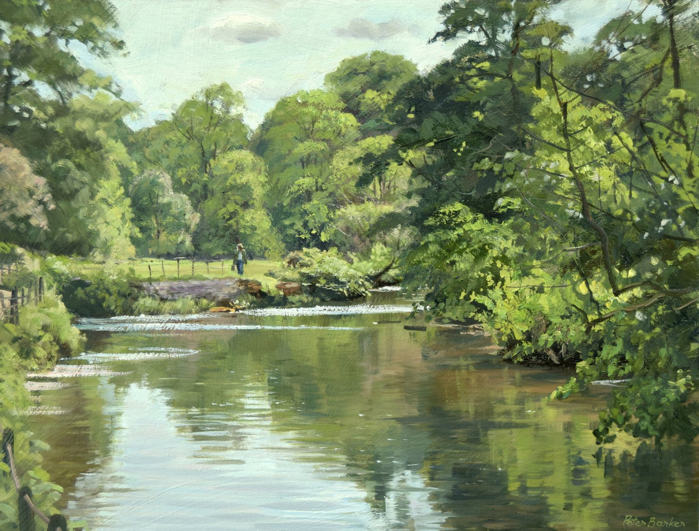 A 9 x 12 inch oil painting of the River Derwent at Ilam Park, with lots of trees in full Spring green leaf, trees in the right foreground and lots of reflections in the clear water, and a single figure walking towards us in the filed in the middle distance.