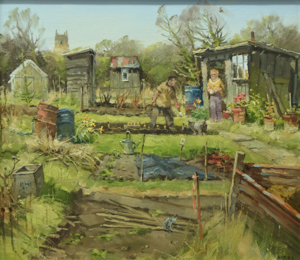 Allotment oil painting by John Lines, with various sheds and rustic couple sowing new potatoes