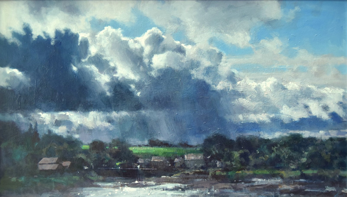 15 x 26 acrylic painting by Carl Knibb, with, as the title suggests, a really dramatic sky , with big storm clouds above the Northumberland village of Cresswell, with sunlit roofs of some cottages and dark, silhouetted trees - a stunning painting!