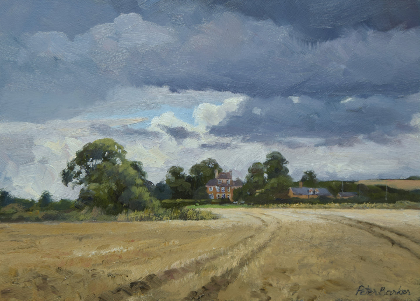 Small oi painting of a farmstead near Caldecott, dark stormy sky and partly sunlit stubble field, by Peter Barker