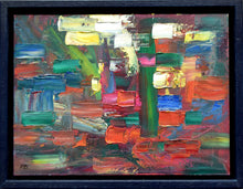 Load image into Gallery viewer, Abstract oil painting with slabs of oil paint, heavily textured with a palette knife, using yellows, whites, reds, blues and greens, with a vertical longer stroke of blue/green, showing the navy coloured floating box frame.
