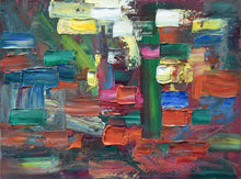 Load image into Gallery viewer, Abstract oil painting with slabs of oil paint, heavily textured with a palette knife, using yellows, whites, reds, blues and greens, with a vertical longer stroke of blue/green.
