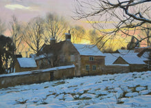 Load image into Gallery viewer, Small oil painting by Peter Barker of sunset over cottages on Church Lane in South Luffenham above a snow-covered field
