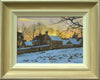 Painting in its hand-painted frame, silvery gold outer edge, pale toffee colour gradating to off-white inner slip