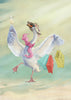 Digital painting of a female Swan dancing with a hat on her head holding three gift shopping bags in her left wing & a flute of champagne in her right wing