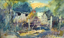 Load image into Gallery viewer, Small 6 x 10 inch watercolour of an allotment gate, with sheds visible, a peachy coloured sky above some blueish trees, with loosely descibed purple vegetation in shade and warmer area around the gate, crisp washes over wet-in-wet passages - beautiful! 
