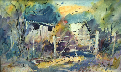 Small 6 x 10 inch watercolour of an allotment gate, with sheds visible, a peachy coloured sky above some blueish trees, with loosely descibed purple vegetation in shade and warmer area around the gate, crisp washes over wet-in-wet passages - beautiful! 