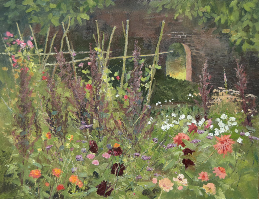 A 9 x 12 inch oil painting of the Kitchen Garden at Doddington Hall, with an abundance of flowers, support sticks behind them and a brick archway behind, beckoning the eye to go through!
