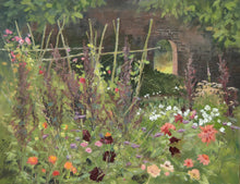 Load image into Gallery viewer, A 9 x 12 inch oil painting of the Kitchen Garden at Doddington Hall, with an abundance of flowers, support sticks behind them and a brick archway behind, beckoning the eye to go through!
