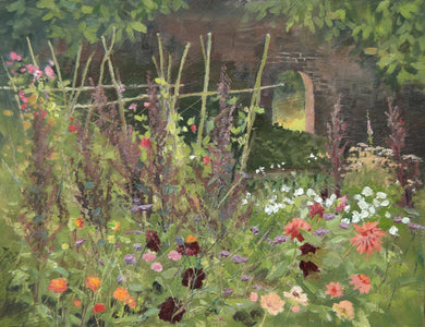 A 9 x 12 inch oil painting of the Kitchen Garden at Doddington Hall, with an abundance of flowers, support sticks behind them and a brick archway behind, beckoning the eye to go through!