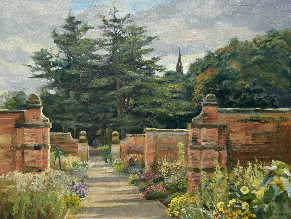 A 9 x 12 inch oil painting of the Kitchen Garden at Clumber Park, looking straight up the avenue with symmetrical brick walls left and right, with an abundance of cottage garden flowers and fir trees in the distance.