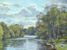 Load image into Gallery viewer, A 9 x 12 inch oil painting of the lake at Clumber park in Spring, looking into the sunlight, lots of puffy clouds and ripply reflections, with a pair of Swans on the near right-hand bank.
